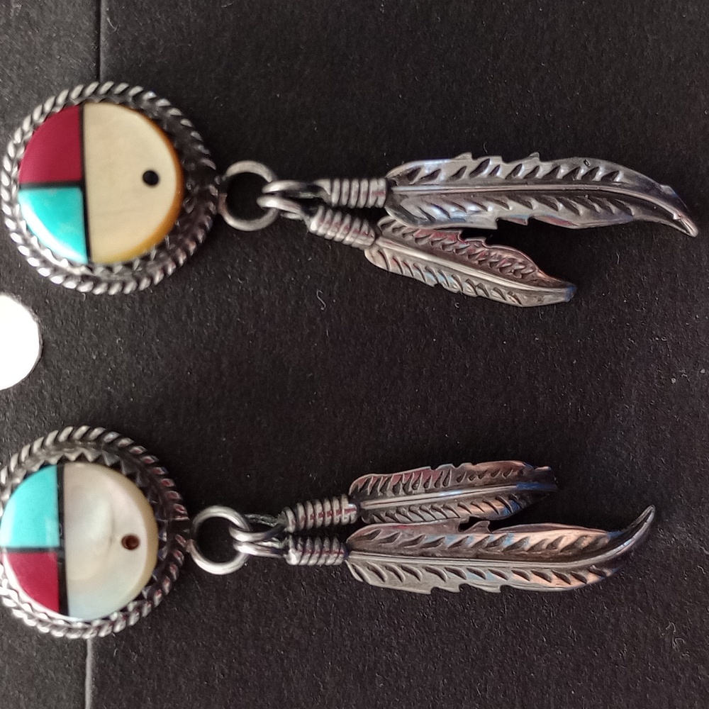 Sterling Silver Feather Earrings with SunFace Multicolor Inlay Studs Signed PH - Picture 4 of 15
